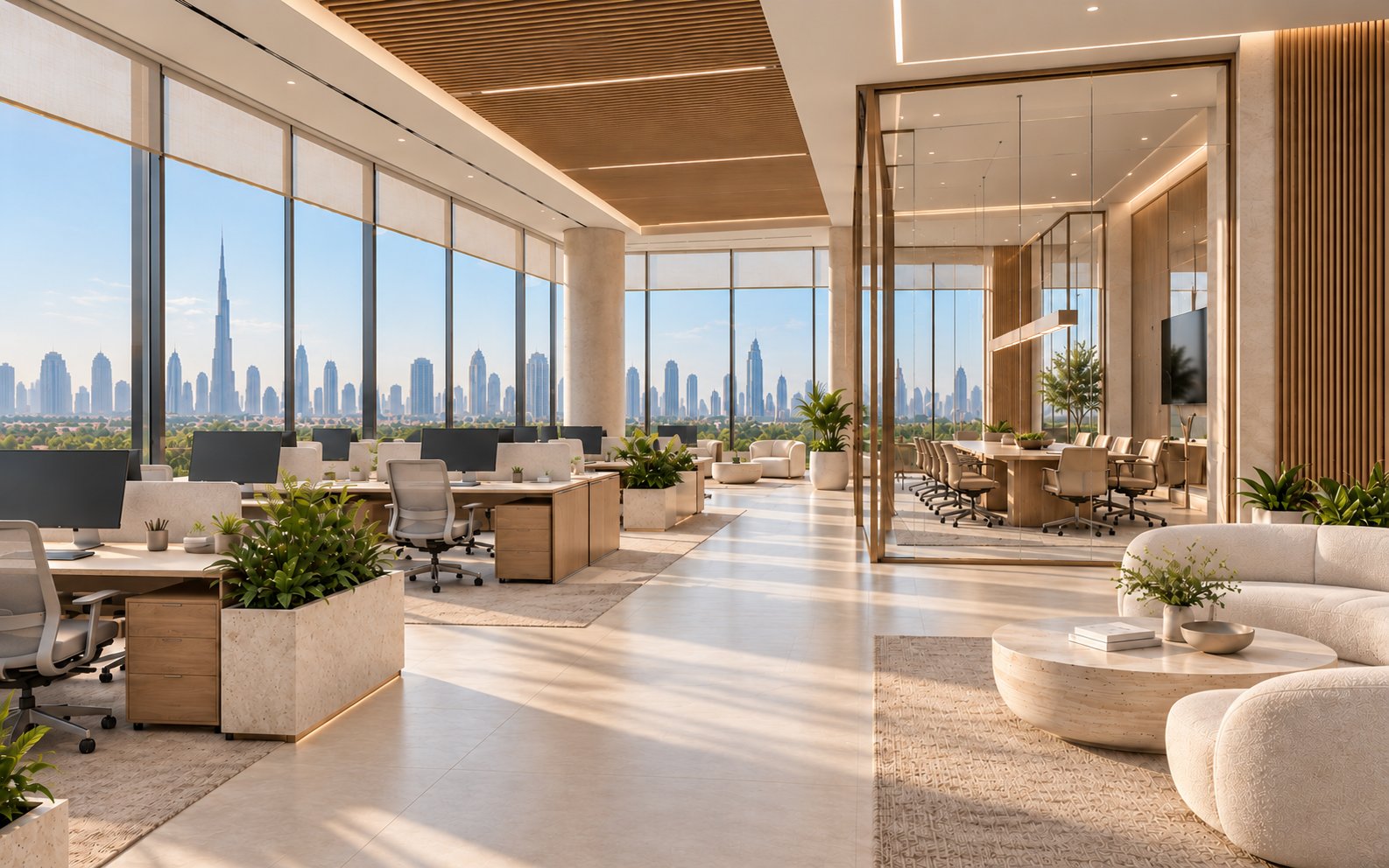 Biophilic office with skyline views